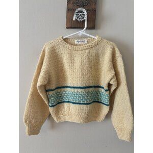 Vintage Handmade Unisex Kids Yellow Green Hand Knit Sweater